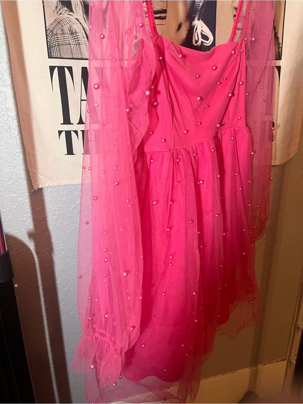 Allison & Kelly Pink Pearl Mesh Babydoll Mini Dress Women’s XL - Picture 4 of 4